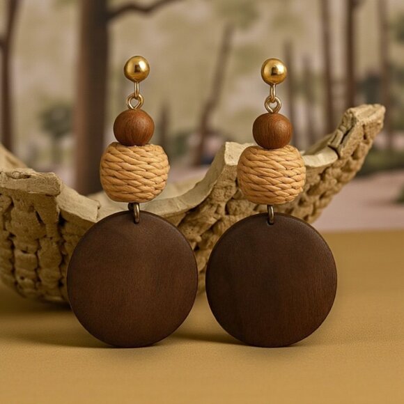 🆕️Boho Chic Rattan & Wood Dangle Earrings 🌿 Lightweight Statement Trendy Style - Picture 1 of 8